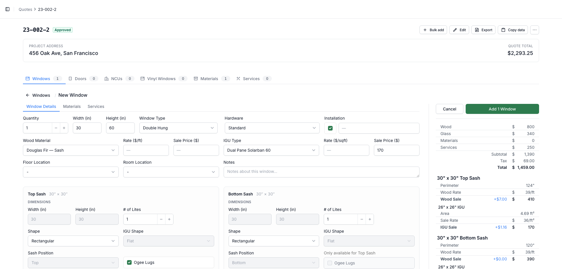 The Add Window calculator inside a quote, with live pricing